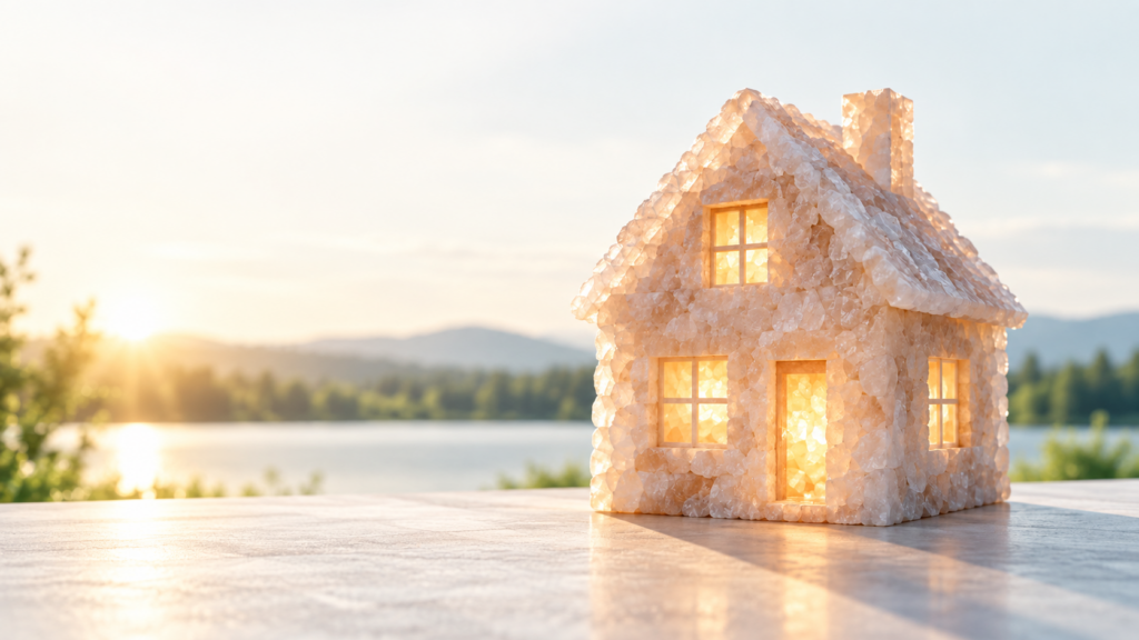 Huis van zoutkristallen in warm avondlicht als verbeelding van lokale energieopslag